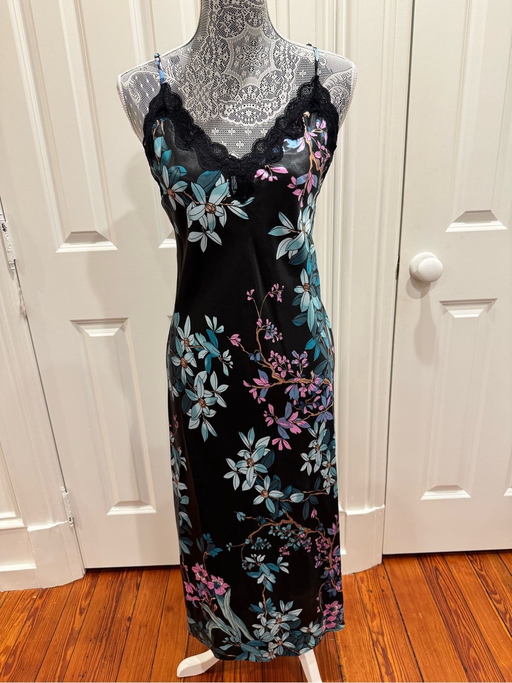 Black Floral Satin Slip Dress with Lace Trim & Adjustable Straps Sz. S Coquette